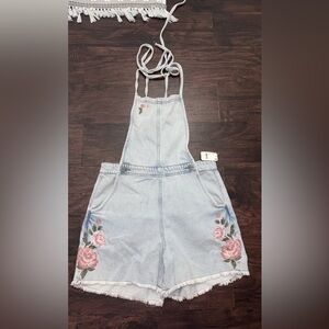 Free People Light Blue Denim Romper with Floral Embroidery